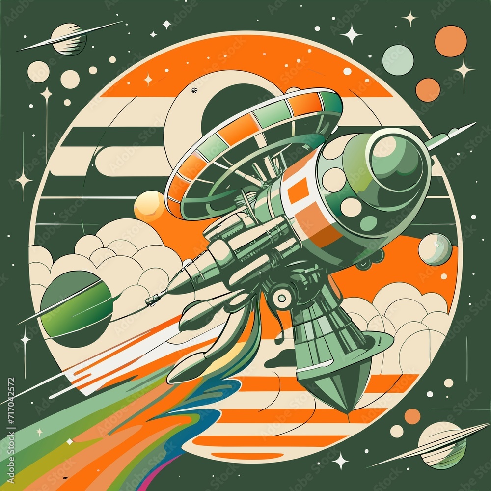 Sticker abstract space drawing with a space probe flying past the planets. raster version of a vector illust