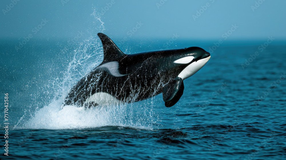 Wall mural Orca whale breaching with ocean spray.