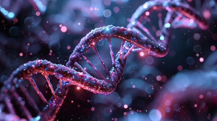 Close-up of the structure of a helical DNA gene molecule. Biotechnology. Concept of medicine, genetics.