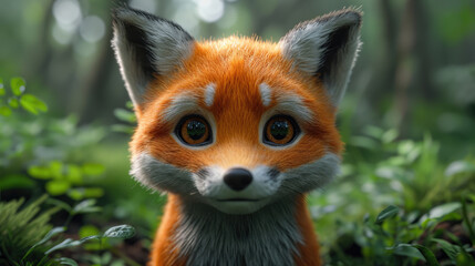adorable, vibrant orange fox with large, expressive eyes in a mystical forest setting.