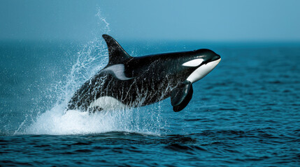 Orca whale breaching with ocean spray.