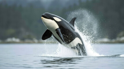 Fototapeta premium Dynamic Orca launching from calm ocean surface.