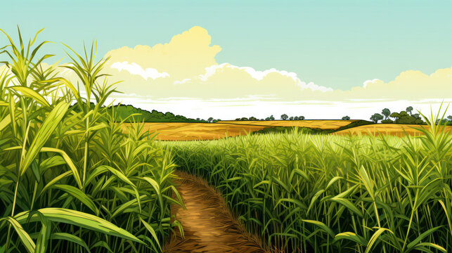 Sugarcane field at sunset. sugarcane is a grass of poaceae family. it taste sweet and good for health.