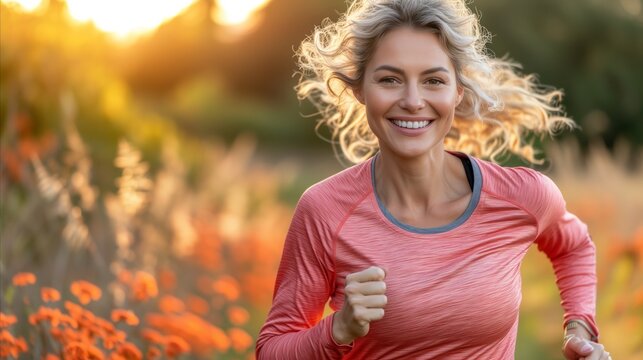 Radiant woman enjoying a healthy morning jog outdoors