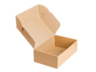 The package. An open empty brown cardboard box on a white background. Packaging, gift. Layout. Side view.