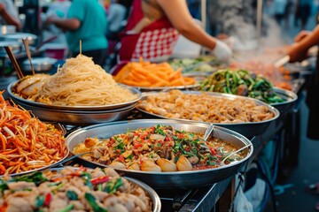 A vibrant street food market scene with a focus on a vendor serving colorful, exotic dishes to customers