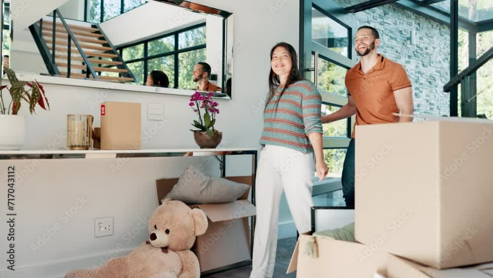 Canvas Prints Family, moving into new house and children running with parents excited for mortgage, real estate or home. Mexican father, mother and kids in front door with boxes for dream property and investment