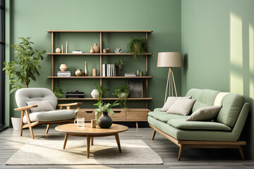 A wooden coffee table and lounge chair enhance the cozy atmosphere near a gray sofa against a refreshing green wall, creating a stylish and inviting space.
