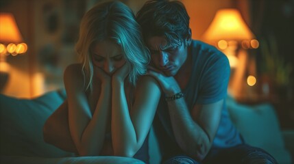 Obraz premium Young couple in distress sitting together in dim light
