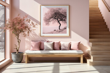  A wooden bench featuring pink pillows stands gracefully near a staircase against a white wall with three poster frames, adding a personalized and inviting touch.