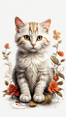 white cat illustration with flowers