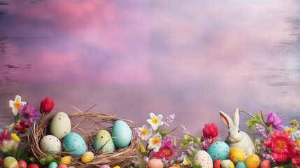 Beautiful purple coloured Easter banner with spring flowers and basket with easter eggs.