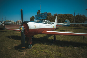 Old plane. light, small aircraft with a propeller. fighter, bomber. Housing, chassis, aircraft engines