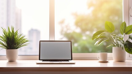 Workspace tranquility: Desktop free space with a green plant and a view of spring through the window.