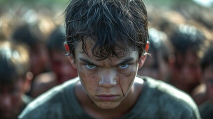 Determined young boy with intense stare amongst group of peers