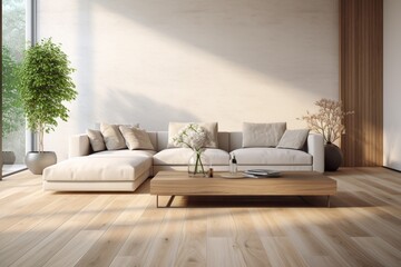 Coffee table on a wooden floor in a bright living room with a sofa against a TV in a modern house or luxury villa, showcasing a home interior with a pristine white wall