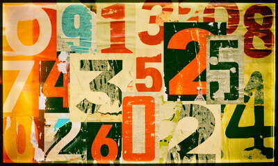 Collage of many numbers ripped torn advertisement street posters grunge creased crumpled paper texture background placard backdrop surface