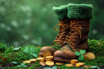Saint Patrick day boot, pot of gold coins and clover leaves on green background - obrazy, fototapety, plakaty