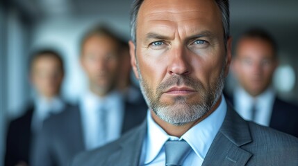 Confident business leader with team in background