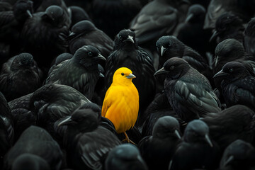 Yellow Bird Among Many Black Crow Flock, One Among Another Illustration, To Stand Out From Crowd Concept, Unique Person - obrazy, fototapety, plakaty