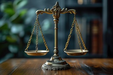 Shiny golden balanced scale in court library background as concept justice and fairness legal symbol. Scale balance for righteous and equality judgment by lawyer and attorney. - obrazy, fototapety, plakaty
