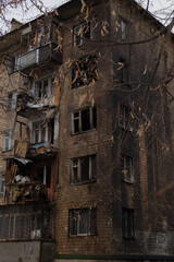 Fototapeta na wymiar Kyiv, Ukraine - January 23, 2024: russia fired ballistic missiles at Kyiv in the morning. a rocket fell near the house and did not explode. the house is destroyed. people were evacuated from the house