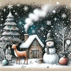 christmas card with snowman and christmas tree