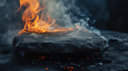Flat stone on fire and rising smoke against a backdrop of dark, natural stones. - obrazy, fototapety, plakaty