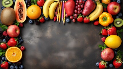 Colorful variety of fresh fruits on dark background