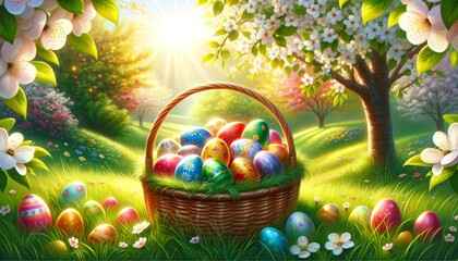 Easter painted eggs in a basket, placed on grass in a sunny orchard. Vibrant and cheerful atmosphere of a sunny spring orchard, highlighting the joy and beauty of Easter with brightly painted eggs.