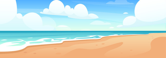 Ocean coastline. Vector illustration of summer beach, tropical ocean coastline with beautiful sky, sand beach. Marine horizontal landscape background. Seascape view. Summer holidays. Vacation place