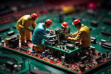 Group of worker figurines doing maintenance on a computer motherboard. Generative AI illustration. - obrazy, fototapety, plakaty