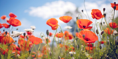 Naklejka premium poppy field with sky, ai generated.