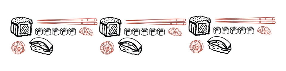 Isolated vector set of Japanese sushi set in hand drawn doodle style on a white background. Wasabi, ginger, soy sauce and sushi sticks. Asian food for restaurants menu.