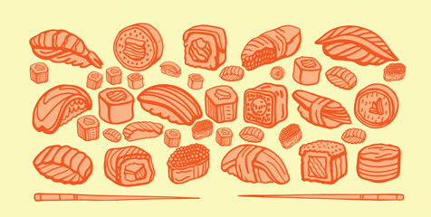 Isolated vector set of Japanese sushi set in hand drawn doodle style on a yellow background. Wasabi, ginger, soy sauce and sushi sticks. Asian food for restaurants menu. Philadelphia roll.