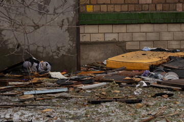 Kyiv, Ukraine - January 23, 2024: russia fired ballistic missiles at Kyiv in the morning. a rocket fell near the house and did not explode. the house is destroyed. people were evacuated from the house