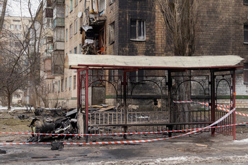 Kyiv, Ukraine - January 23, 2024: russia fired ballistic missiles at Kyiv in the morning. a rocket fell near the house and did not explode. the house is destroyed. people were evacuated from the house