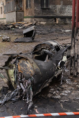 Kyiv, Ukraine - January 23, 2024: Early in the morning, the Russians fired missiles at Kyiv. a rocket fell near the house and did not detonate. the house was destroyed, the apartments were burned.