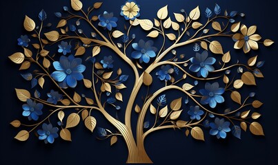 Beautiful art tree with blue flowers in paper cut style. Vector illustration