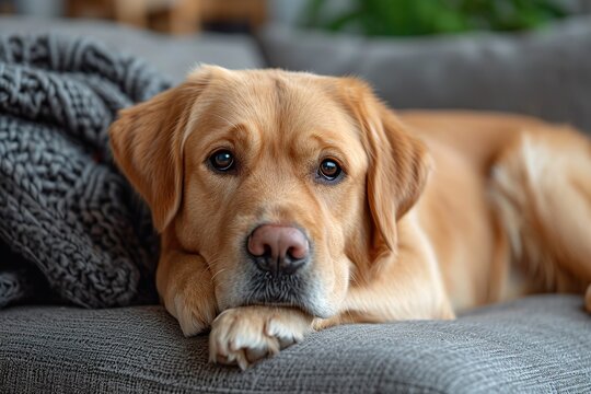 stylist and royal Modern living room interior. Cute Golden Labrador Retriever near couch, space for text, photographic