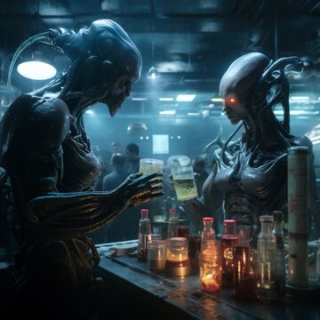 Alien and biomechanical drink cocktail elixir beautiful image Ai generated art