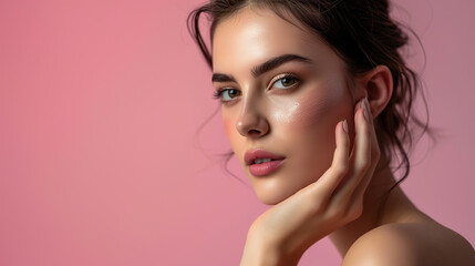 Fototapeta premium A young woman's side portrait with a striking gaze, highlighted by a gentle pink backdrop, exuding elegance and subtle sophistication.