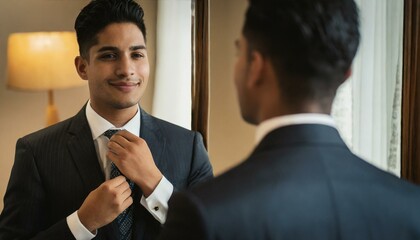  Young man preparing for his first day at a corporate office job, a candid coming of age moment, dressed nervously in suit, adjusting tie in the mirror
