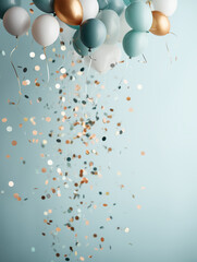 Abstract festive background with balloons floating in the air and confetti falling from the sky. Pastel cyan background with copy space. Celebration, birthday, party decoration.