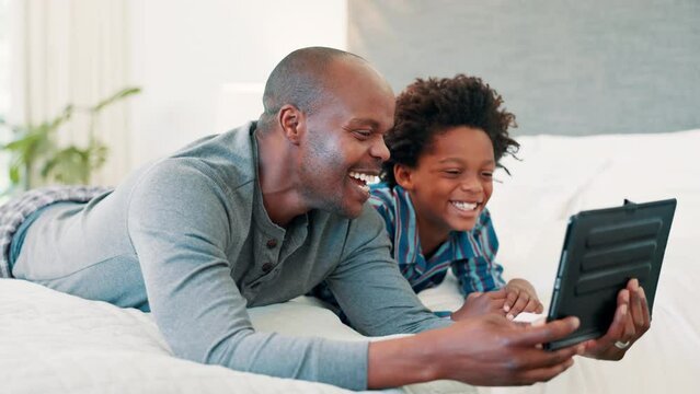 Happy child, bedroom or father with tablet laughing at a funny movie on online subscription to relax. Excited kid, social media or African dad streaming comedy film or video in home with smile or joy