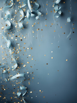 Confetti, golden glitter, and party streamers on soft pastel blue background with copy space. Minimalist festive texture. Simple, modern holiday abstract. Celebration, birthday decor.