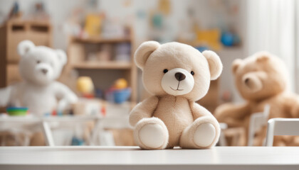 Teddy bear soft toy on white table top in front, blurred kids room background. Cute Teddy Bear sitting on table top. Kids toys shop banner