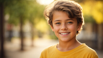 Face portrait of a smiling kid. American boy face, blurred summer background. European teenager in casual yellow cloth - obrazy, fototapety, plakaty