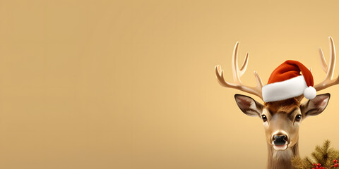 realistic deer with christmas hat. Copy space