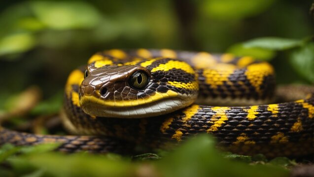 Wild snake in the grass, macro view. Black and yellow  python face closeup